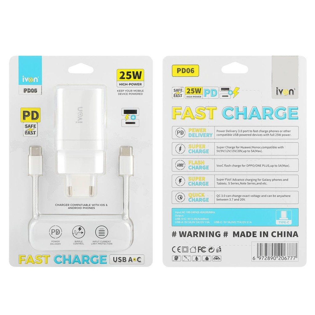 Ivon USB-A + USB-C PD 25W Fast Charger PD06 - Figura 2